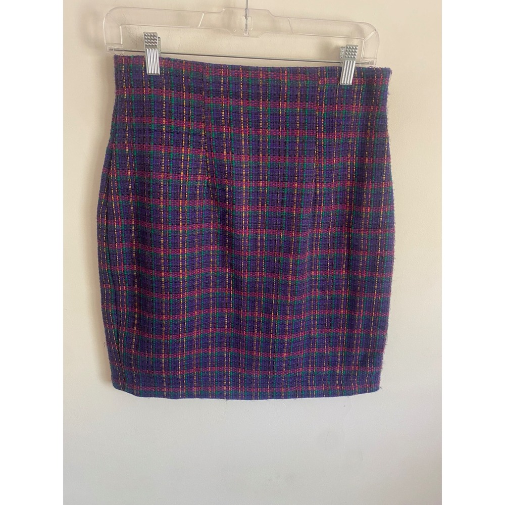 Vintage‎ GSL Plaid Tweed Mini Skirt Purple Green High Waisted 90s Made in USA 9